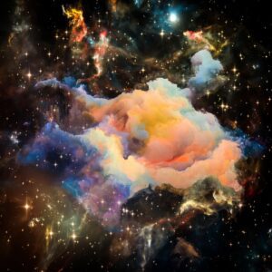 Colorful clouds and stars against a black background