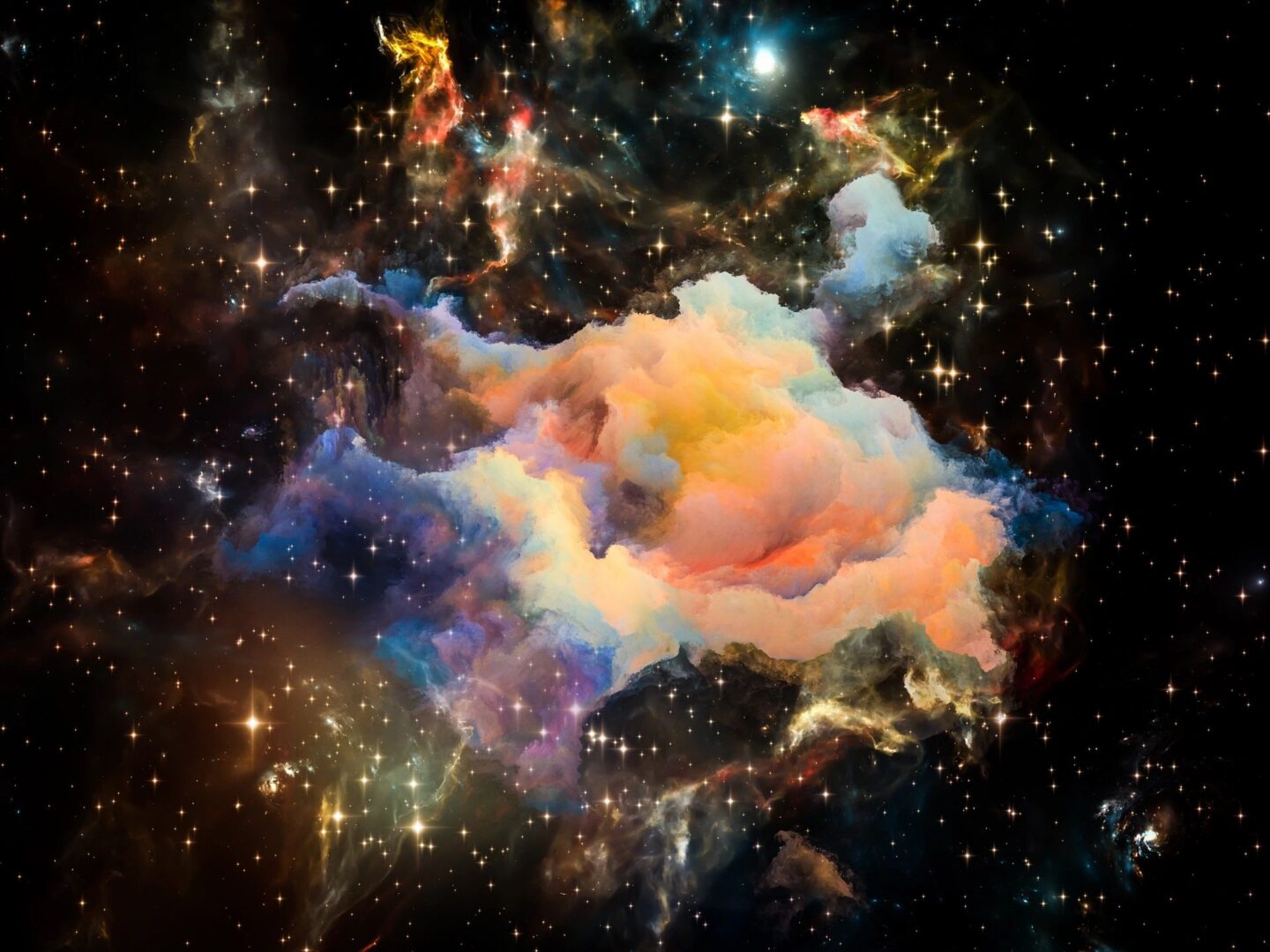 Colorful clouds and stars against a black background